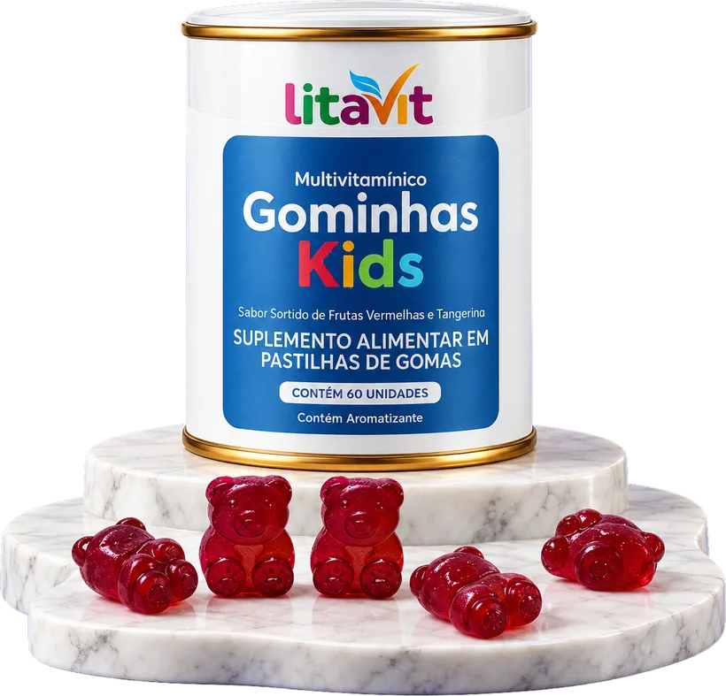 Lata de Gominhas Kids sobre pedestal de mármore, com as gominhas em formato de ursinho na frente