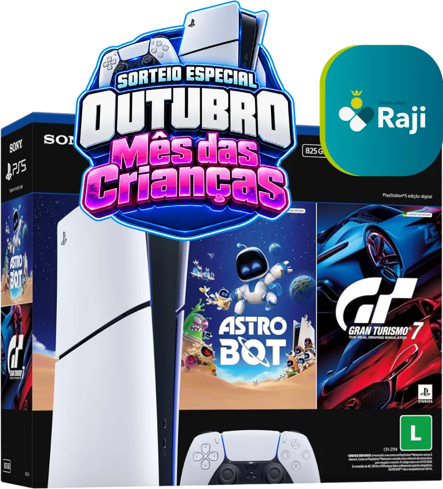 PlayStation 5 Slim Digital com os jogos Astro Bot e Gran Turismo, prêmio do Sorteio Especial de Outubro da Drogarias Raji